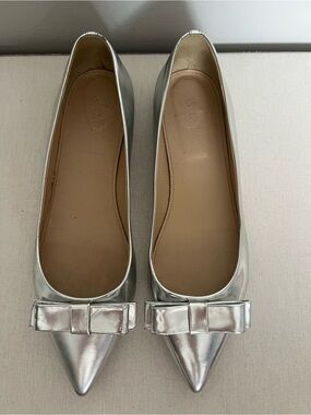 JCrew Silver Pointed Toe Bow Ballet Flat